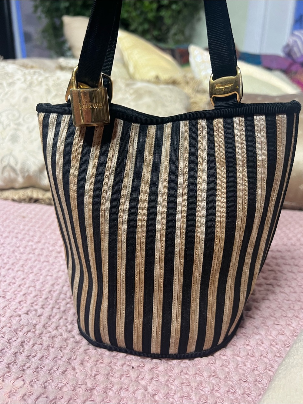 Vintage Salvatore Ferragamo 2-Way Striped Canvas Mini Bucket Bag - BC216184